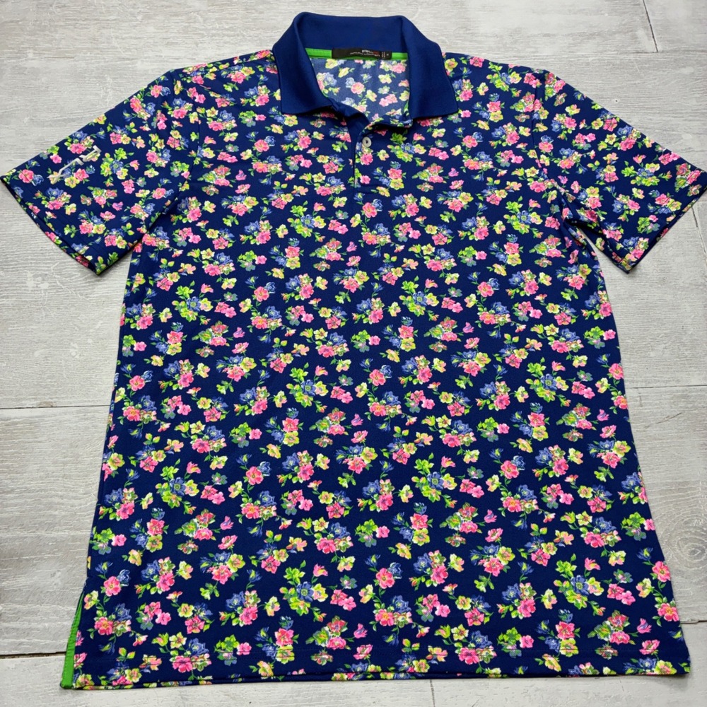 RLX Ralph Lauren Golf Polo Shirt Mens Medium Blue Floral Performance SS
